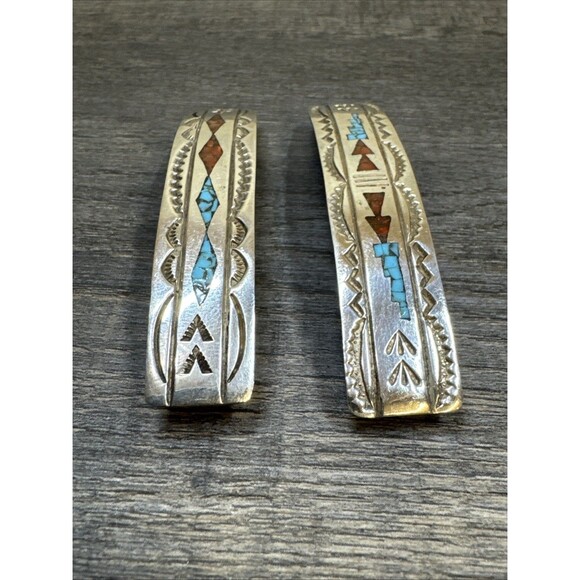 2 Vtg Navajo Native Stamped Sterling Turquoise Coral Inlay Hair Clip Barrette 3” main image 8